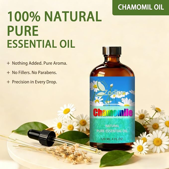 Chamomile Essential Oil, 4 fl oz (120ml) - ZODION Chamomile Fragrance Oil for Diffuser, Massage, Humidifier, DIY Candle, Soap Making, Home, Bath, Yoga