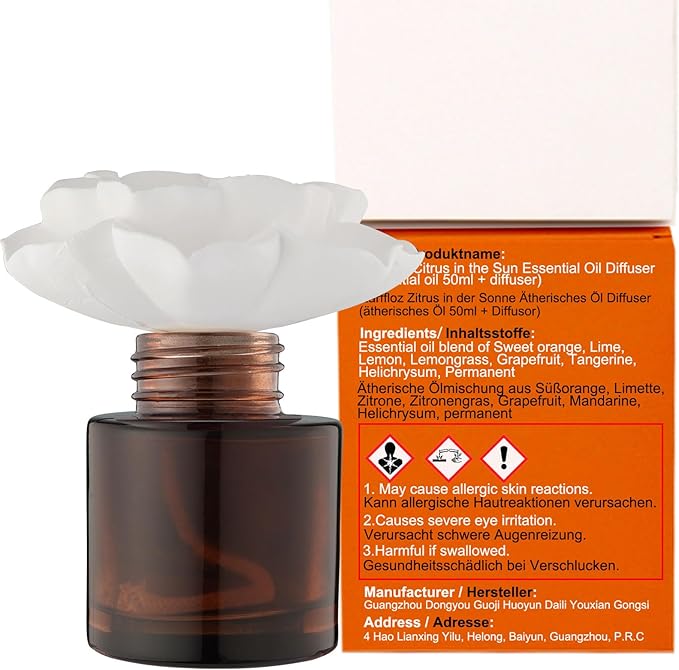 Room Scent Gift Set, Essential Oil Citrus in the Sun (1.7 fl.oz|50ml) and Diffuser，60-Days Natural Air Freshener Non-Toxic Strong Fragrance Big Flower Diffuser Make Home Smell Good