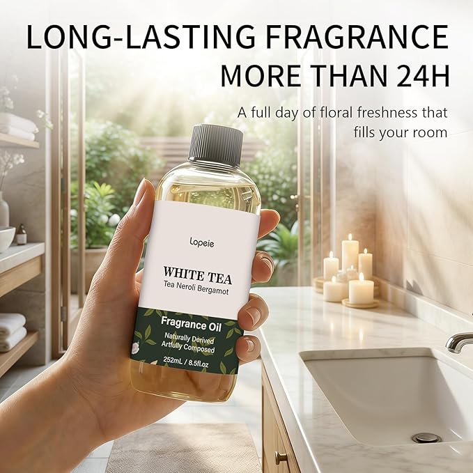 Lopeie White Tea Diffuser Oil – Essential Oil for Diffuser, Air Freshener & Room Spray – Long-Lasting with Notes of Tea, Neroli & Bergamot – Hotel Scent for Ultrasonic & Waterless Diffusers, 8.5 Fl Oz