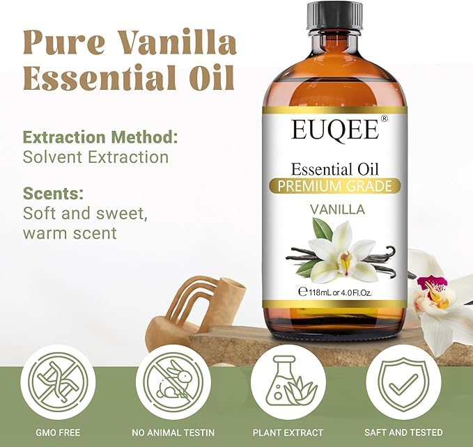 EUQEE 118ml Vanilla Essential Oil, Pure Vanilla Fragrance Essential Oil for Diffuser, Massage, DIY Soap,Candle Making, Skin & Hair Care - 4.0 Fl Oz