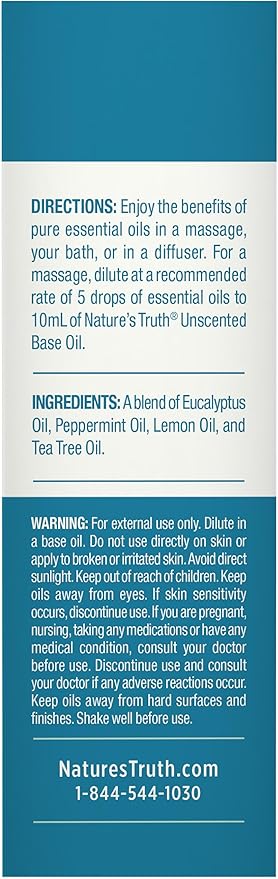 Nature's Truth Breathe Easy Essential Oil Blend | 15 mL | with Eucalyptus, Peppermint, Lemon, and Tea Tree Oils | for Aromatherapy | Pure Plant Based, Non-GMO & Gluten Free
