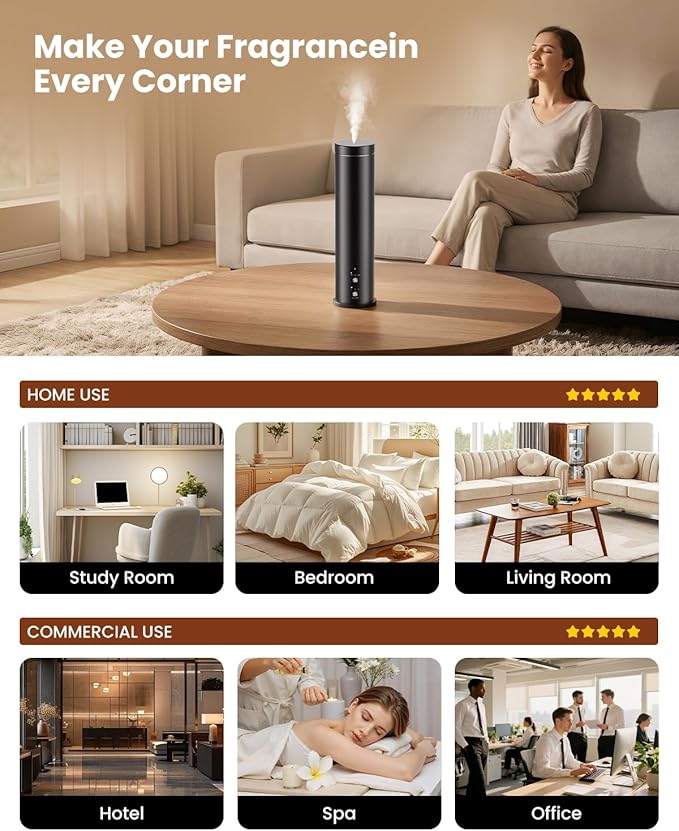 Waterless Essential Oil Diffuser for Large Room, 1000 Sq Ft Coverage, Scent Diffuser for Home, Office, Hotel and Spas - Aromatherapy Diffuser Fragrance Oil Machine, Remote Control, Timer, Black