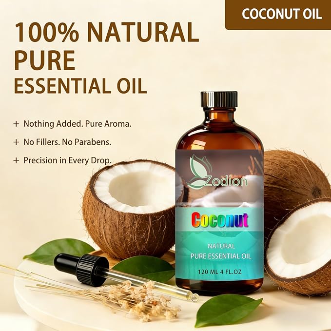 Coconut Essential Oil, 4 fl oz (120ml) - ZODION Coconut Fragrance Oil for Diffuser, Massage, Humidifier, DIY Candle, Soap Making, Home, Bath, Yoga