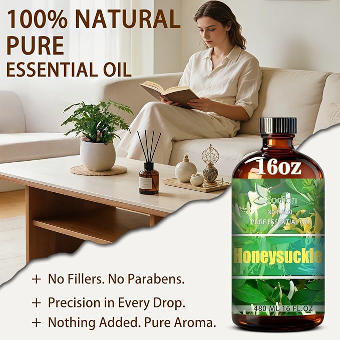 Honeysuckle Essential Oil, 16 fl oz (480ml) - ZODION Honeysuckle Fragrance Oil for Diffuser, Massage, Humidifier, DIY Candle, Soap Making, Home, Bath, Yoga