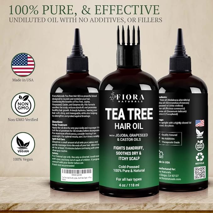 Fiora Naturals Tea Tree Essential Oil Blend w/Multi-Oil, Soothing Moisturizer for Dry Scalp, Hydrating Blend for Shine and Comfort, Botanical Scalp Oil - 4 fl oz