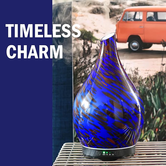 Porseme Essential Oil Diffuser Hand-Blown Glass Aroma Diffusor, Aromatherapy Unltrasonic Cool Mist deffuser, 7 Color Changing, Waterless Shut-Off, Timer Function for Home Office(280ml, Cobalt Blue)
