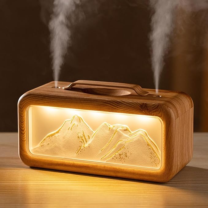 600ML Dual Mist Spray Snow Mountain Essential Oil Diffuser with 3 Modes Night Light USB Desktop Humidifier for Bedroom Home Office