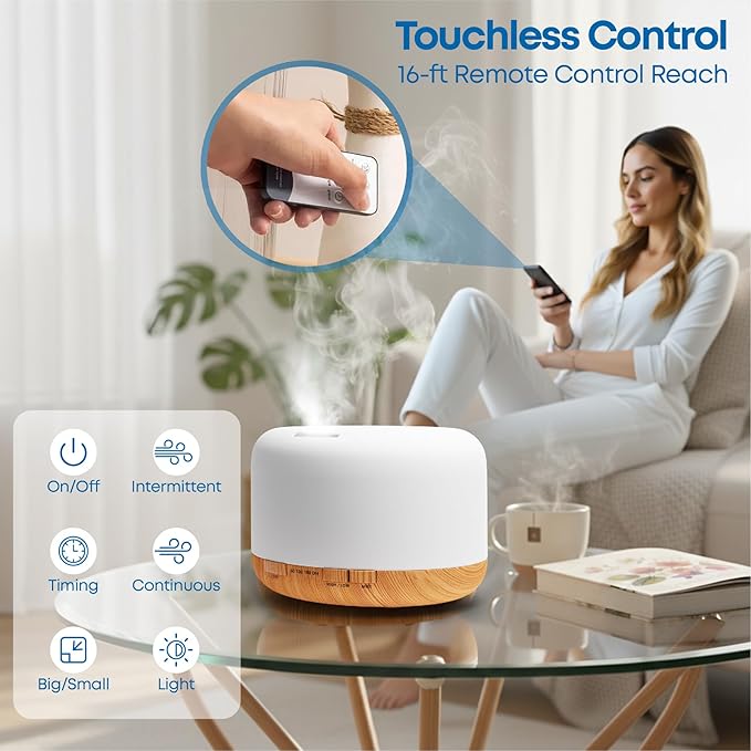 500ml Premium Essential Oil Diffuser, 5-in-1 Ultrasonic Aromatherapy Humidifier & Scent Vaporizer with Auto-Off Timer, Remote, Brown with Oils Gift Pack - Floral Blend