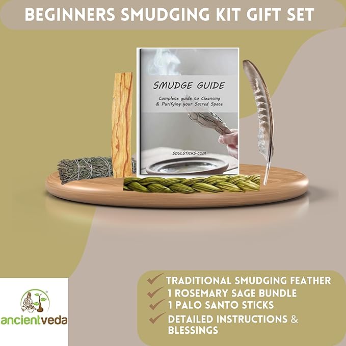 Ancient VEDA Organic Smudge Kit –Rosemary, Palo Santo, Sweetgrass Braid, Feather & Smudge Guide | Home Cleansing Kit for Meditation, Yoga, Energy Healing & Gift (Starter Kit, Rosemary Sage)