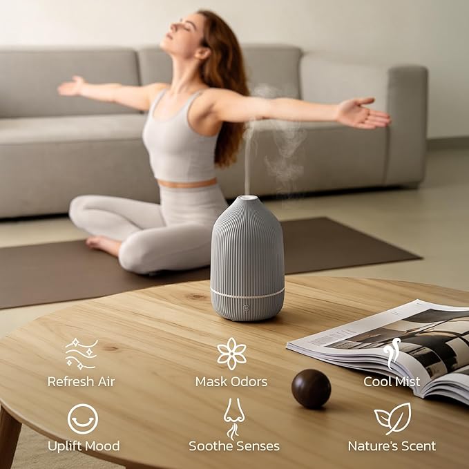 Essential Oil Diffuser, 100ml Aromatherapy Diffuser, Mini Ultrasonic Diffuser for Essential Oil, Home, Office, Cool Mist Humidifier with 7 Led Light, Auto Shut-Off, Gray