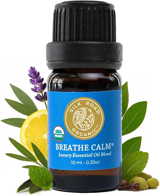 Silk Road Organic Breathe Calm Essential Oil Breathe Easy Blend for Cold, Cough, Congestion, Sinus & Allergy Relief – USDA Certified Aromatherapy undiluted 10 ml Dropper