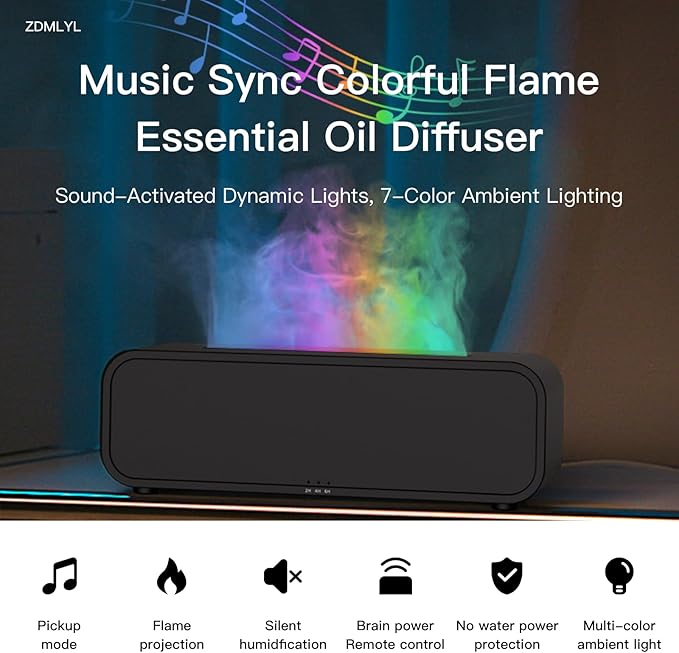 Sound Reactive Flame Aromatherapy Diffuser, 250ml Essential Oil Humidifier with Music Sync Lighting, 7-Color Flame Effects, Remote Control, Timer & Auto Shut-Off for Home, Bedroom, Yoga (Black)