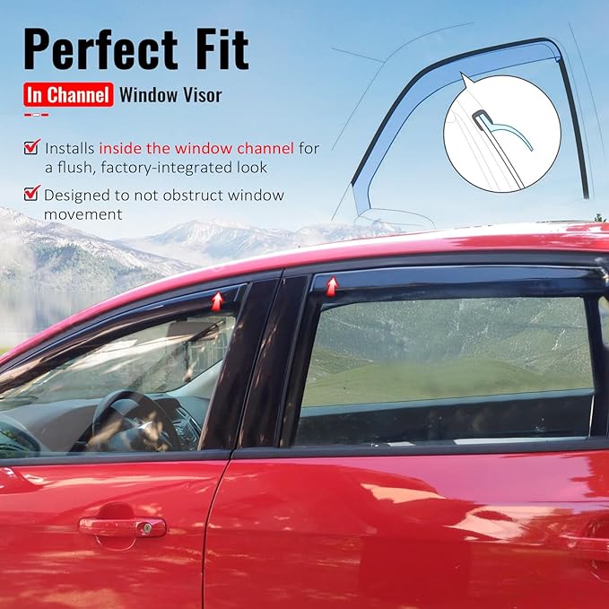 IKON MOTORSPORTS in Channel Window Visors Compatible with 2012-2018 Ford Focus Sedan & Hatchback, in Channel Style Injection PC Black Rain Guards, Side Window Wind Deflectors 4PCS