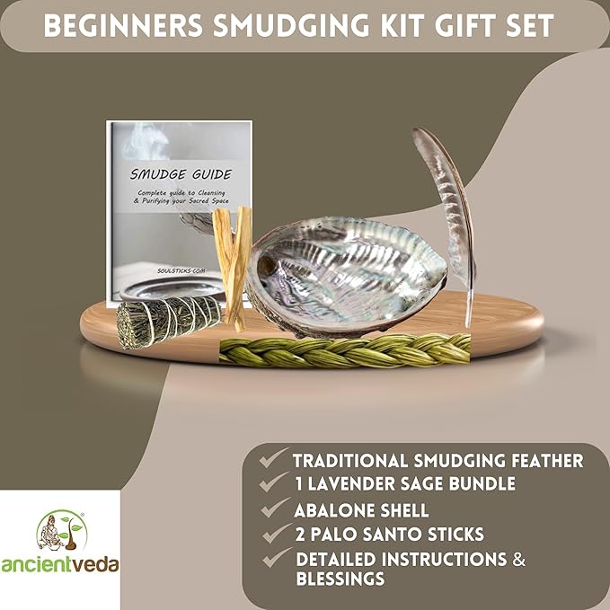 Ancient VEDA Organic Smudge Kit – Lavender, Palo Santo, Sweetgrass, Abalone Shell, Feather & Smudge Guide | Home Smudging Kit for Energy Cleansing, Meditation, Healing (Healer's Kit, Lavender Sage)