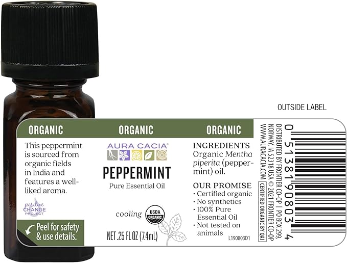 Aura Cacia Organic Peppermint Essential Oil, Mentha Piperita Oil, Cooling Aromatherapy for Diffusers, Skincare, Massage, Custom Blends | 0.25 Fl Oz (Pack of 1)