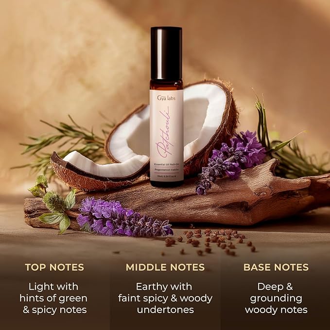 Gya Labs Patchouli Essential Oil Roll On - 0.34 Fl Oz - Travel Size Roller for Camping, Skin, Aromatherapy Relief, Convenience