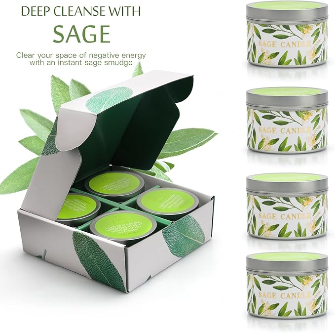 Sage Candle Gift Set, 4 Pack Natural Soy Wax White Sage Smudge Kit with Healing Crystals for House Cleansing Negative Energy, Spiritual Meditation & Aromatherapy, Ideal Mother's Day Housewarming Gifts