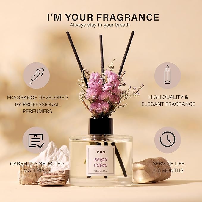Reed Diffuser Set with Dried Flowers, 5.1oz Essential Oil Home Fragrance, Long Lasting Air Freshener for Bathroom Shelf Decor, Housewarming Gift, Berry Fudge Scent