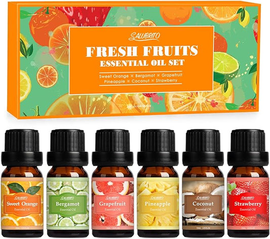 SALUBRITO Fresh Fruit Fragrance Oils Set, Essential Oils for Diffuser, Candle, Soap Making - Strawberry, Sweet Orange, Pineapple, Coconut, Bergamot, Grapefruit, 6X10ml