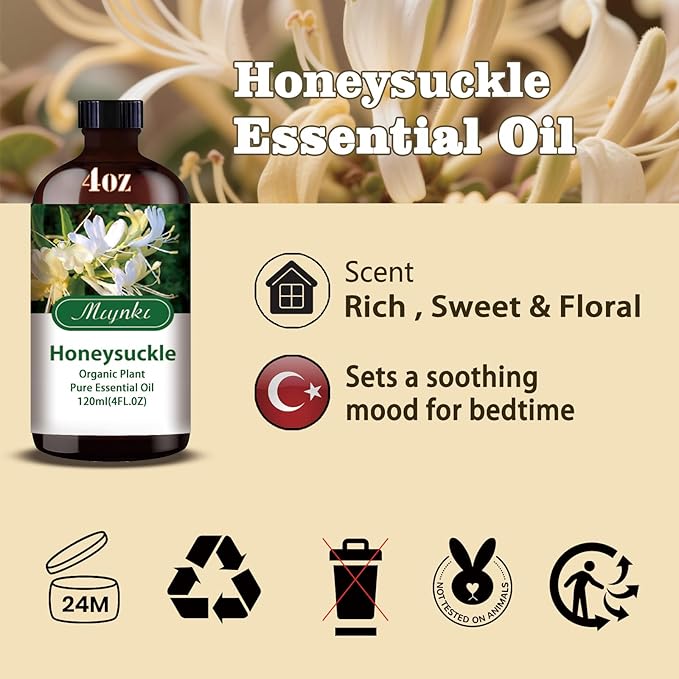 Honeysuckle Essential Oil – MLYNKL Honeysuckle Oils 4.33 fl oz for Diffusers, Humidifiers, Massage, DIY Candles, Soap, Cleaning, Home, Yoga, Office, Gifts - 130 ml