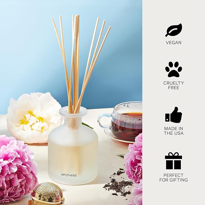 Apotheke Luxury Scented Reed Diffuser for Home, Earl Grey Bitters - 6.7 Fl Oz Essential Oil Aromatherapy - 10 Rattan Scent Sticks Room Diffuser - Long-Lasting Fragrance for Bedroom, Home, Bathroom