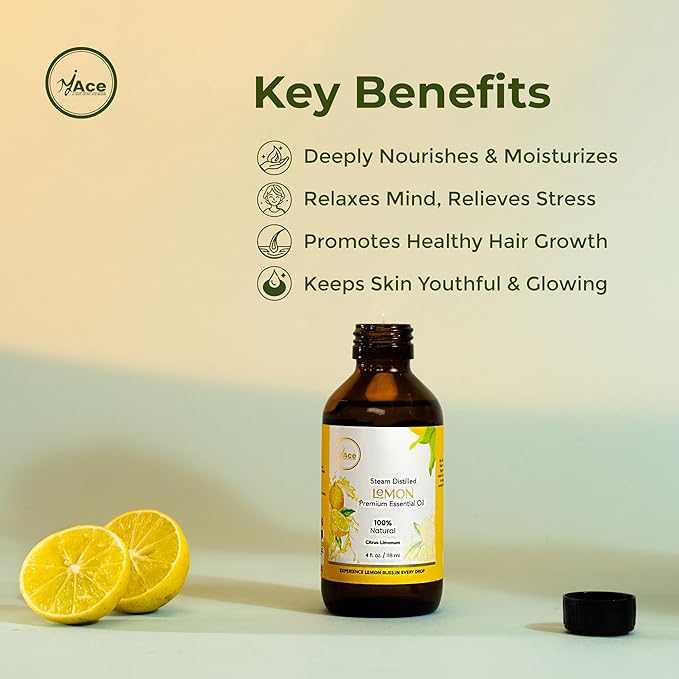 My Ace Lemon Essential Oil 4oz – 100% Pure & Natural, Premium Grade, Undiluted Citrus Limon Peel Oil for Diffuser, Aromatherapy, Skin & Hair Care, Amber Glass Bottle with Dropper