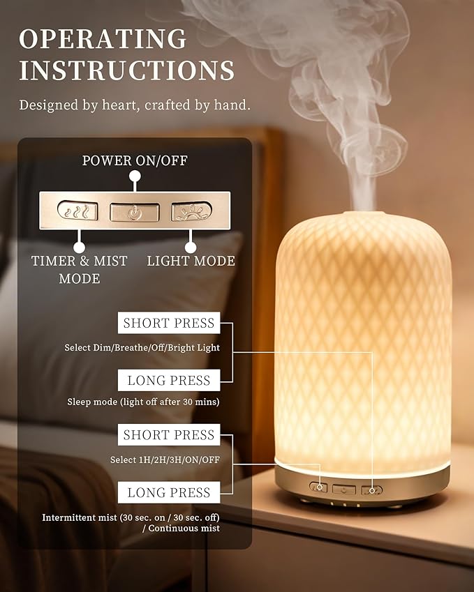 Onaboviva Essential Oil Diffuser - 2.4MHz Ultrasonic Ceramic Diffuser for Home, 120ml, Pulse&Continuous Mist, Bright/Dim/Breathing Lighting, Waterless Auto-Off, Aromatherapy Diffuser with USB Cable