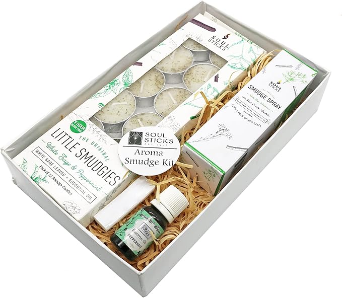 SOUL STICKS Aroma Smudge Kit | Gift Set with Little Smudgies Candles, Smudge Spray, Essential Oil and 2 Selenite Wand in White Gift Box (Peppermint)