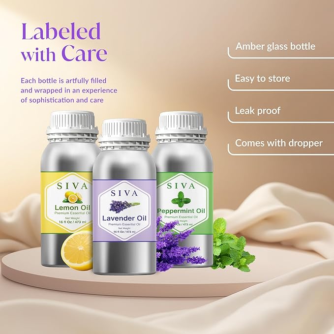 Siva Lavender, Lemon and Peppermint Essential Oil 16oz Bundle Super Saver Combo – Premium Grade Value Set for Aromatherapy, Skincare and Haircare