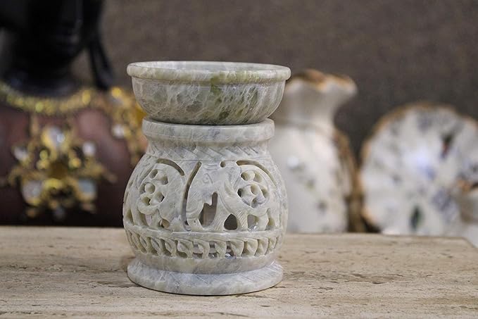 Marble Soapstone Candle Aroma Burner | Oil Diffuser | Tea Light Holder | Wax Burner- Handmade Elephant Carving for Gifting. Decorative Home and Office Decor.