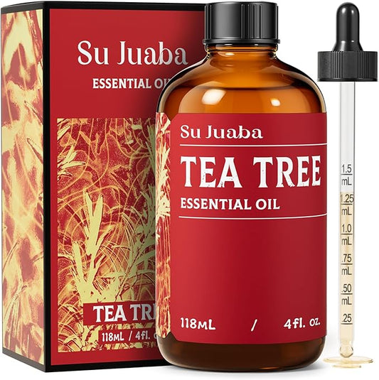 SU JUABA 4 Fl Oz Tea Tree Essential Oil, 100% Natural Aromatherapy Oil for Toenail, Skin, Face, Hair, Shampoo - 118ML