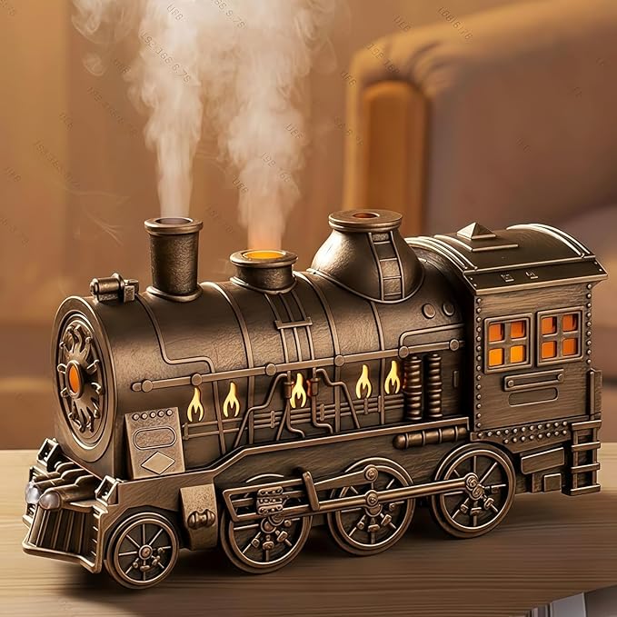 300ML Train Humidifier, Train Diffusers for Essential Oils, 2 Color LED Vintage Steam Christmas Train Aromatherapy Diffuser, 2 Dual Mist Modes Train Cool Mist Air Aroma Humidifier (Bronze)