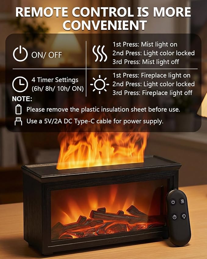 Essential Oil Diffuser, 7-Color Fireplace Fire Flame Aromatherapy Humidifier, 280ml Ultrasonic Aroma Diffuser Cozy Gift with Time Sets and Remote Control for Bedroom Home Yoga Office