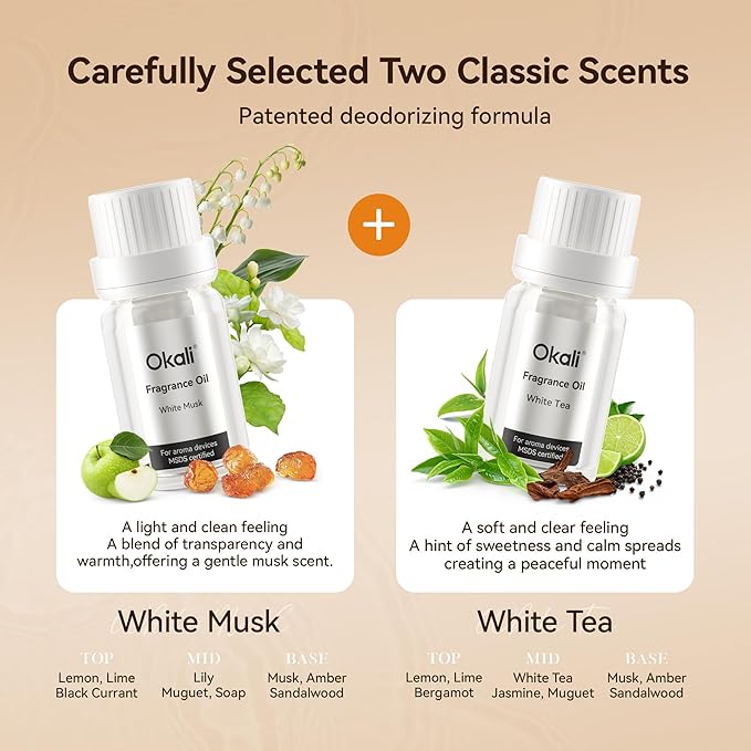 Okali Smart Car Air Fresheners, Waterless Diffuser for Essential Oil, Support DIY, Auto ON/OFF, Timer Function, Quiet Design, 4000mAh, All-Aluminum Alloy, White Musk & White Tea Scent Car Freshener