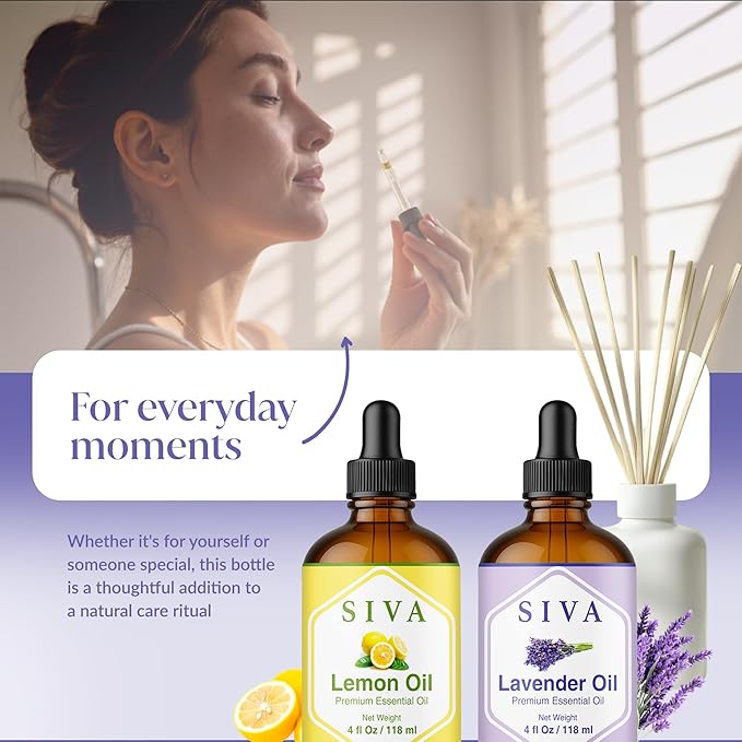 Siva Lemon and Lavender Essential Oil 4oz Bundle Super Saver Combo – Premium Grade Value Set for Aromatherapy, Skincare and Haircare