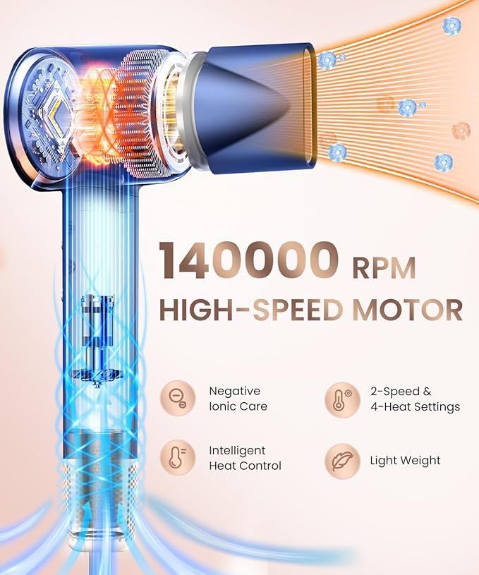 Hair Dryer, 140000 RPM High-Speed Brushless Motor Negative Ionic Low Noise Blow Dryer for Fast Drying, Thermo-Control Quiet Compact with Magnetic Nozzle for Home Travel Salon Use,Blue
