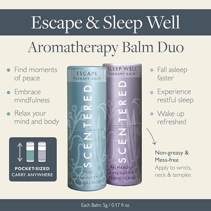 Scentered Aromatherapy Balm Sticks for Sleep & Meditation - Roll On Essential Oil Blends of Oud, Lavender, Ylang Ylang - Aromatherapy Gifts for Women - Sleep Well & Escape