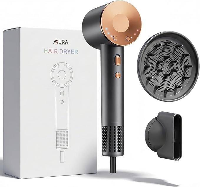 AXURA Travel Hair Dryer 160000 RPM Brushless Motor, Diffuser Hair Dryer For Fast Styling, Heat Control, Lightweight Low Noise Blow Dryer With Diffuser, Hair Dryer With Magnetic Nozzle For Home & Salon