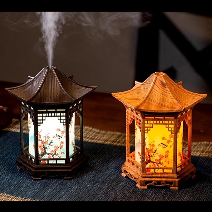 Zen Pavilion Lantern Essential Oil Diffuser & Night Light, 160ml Aroma Diffuser Dual Mist Modes, Zen Style Humidifier for Yoga, Meditation, Spa, Warm & White Light (A(2PCS))