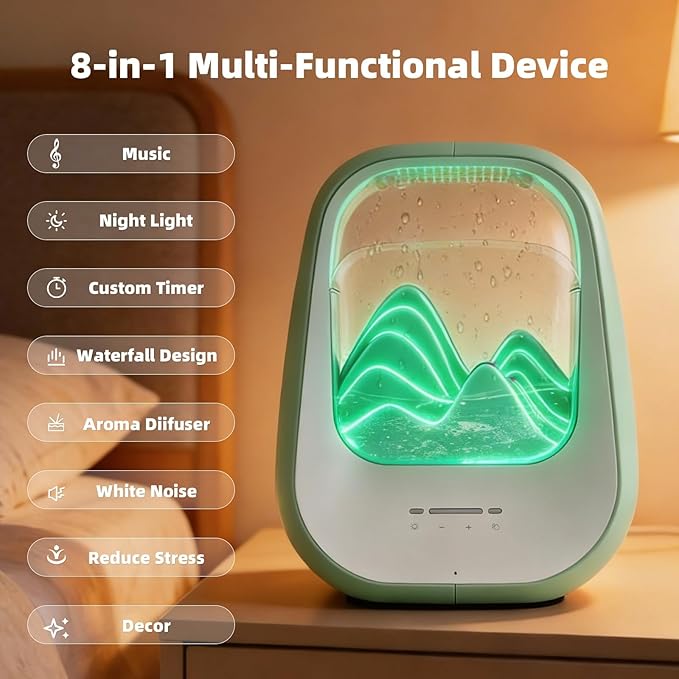 8-in-1 White Noise Sound Machine with Aroma Diffuser, Rain Sound Machine for Sleeping, Stress Relief, Waterfall Sound Machine Night Light Timer for Bedroom Office Home Decor, Green