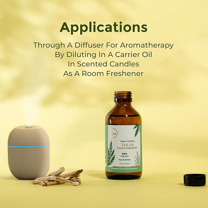 My Ace Pure & Natural Thuja Essential Oil – Steam-Distilled Thuja Orientalis | 100% Natural Oil for Diffuser, Aromatherapy, Skin & Hair Care, Massage, Soap & Candle Making – 4 fl oz with Dropper