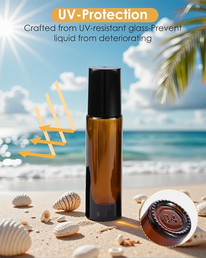 Worldgsb 25 Pack Essential Oil Roller Bottles, 10ml Refillable Amber Glass Roller Bottles with Stainless Steel Roller Balls and Caps for Travel, Perfume and Lip Gloss