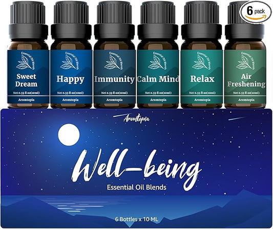 Essential Oil Blends, Aromtopia Essential Oils for Diffusers for Home, Well-being Diffuser Oil Kit- 6x10ml, Relax, Happy, Calm Mind, Sweet Dream and More, for Aromatherapy, Soap Candle Making, Massage