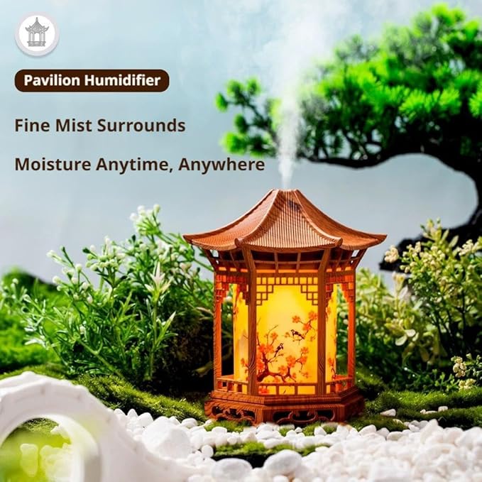 Zen Pavilion Lantern Aroma Diffuser & Night Light,160ml Essential Oil Diffuser with 2 Mist Modes,Japanese Style Zen Garden Humidifier,Warm Cool White LED,Quiet Operation for Yoga,Meditation & Sleep
