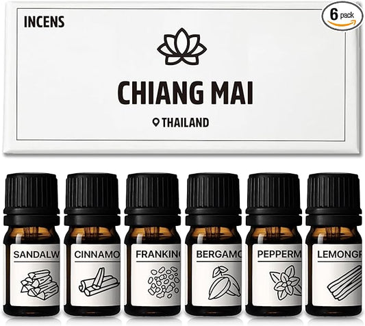 Essential Oils Set Chiang Mai Series Set of 6-100% Pure Oils kit Cinnamon, Sandalwood, Frankincense, Peppermint, Lemongrass, Bergamot 10ML Suitable for Candle Making, Fresh fragrances Diffuser