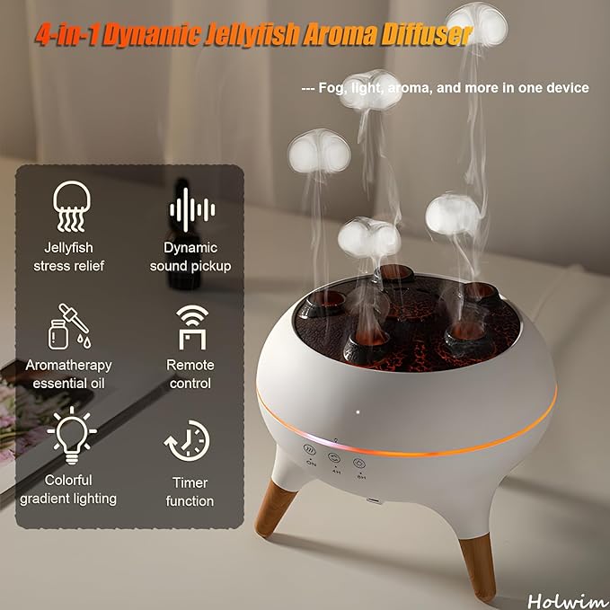 Essential Oil Jellyfish Diffuser, Aromatherapy Diffuser, 250ml Ultrasonic Cool Mist Humidifier, Music Sync Jelly Fish Diffuser with 7 Colors Light, Remote, Timer for Home Office (White)
