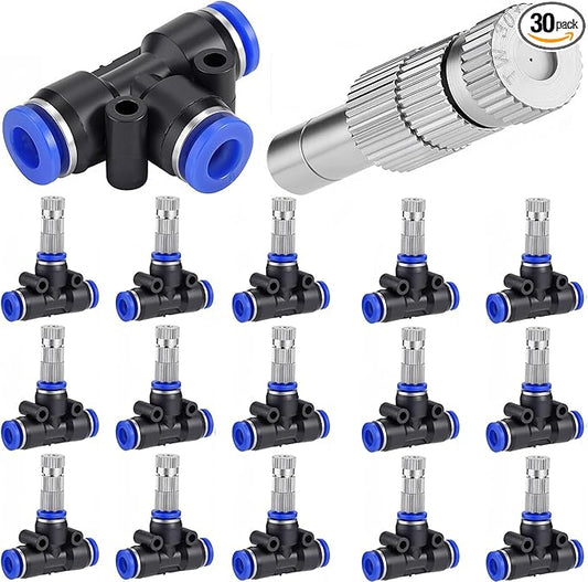 Mornajina 30 Pcs Brass Misting Nozzles Mister Replacement Nozzles with Filter Mesh & 1/4" Water Misting Nozzle Tees Kit, 0.012"/0.3mm Orifice Misting System Heads Sprayer for Outdoor Cooling System