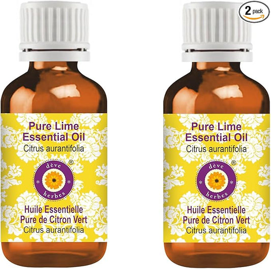 Deve Herbes Pure Lime Essential Oil (Citrus aurantifolia) Steam Distilled (Pack of Two) 100ml X 2 (6.76 oz)