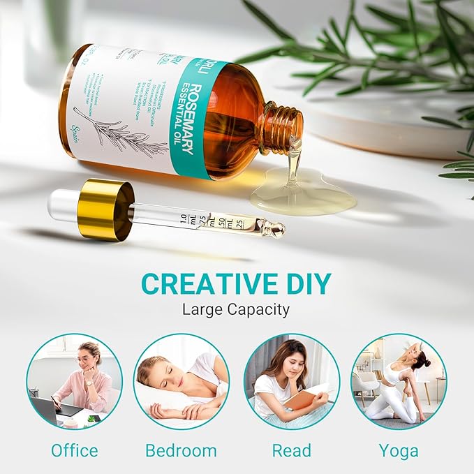 Rosemary Essential Oil with Glass Dropper 3.38 fl oz, 100% Natural Oil for Hair Care, Scalp Massage, Diffuser, Aromatherapy, Soap and Candle Making, Self Care Use