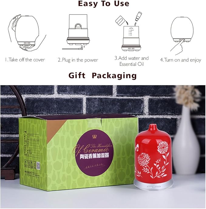 Steam generating installations - Ceramic Essential Oil Diffuser - Aromatherapy Diffuser Humidifier with Ultrasonic Technology, Adjustable Cool Mist, Waterless Auto Shut-Off for Home -100ML